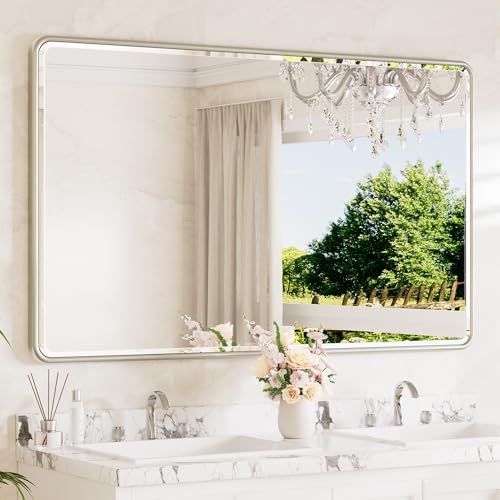 TETOTE Brushed Nickel Framed Bathroom Mirror 60 x 36 Large Beveled Edge by TETOTE