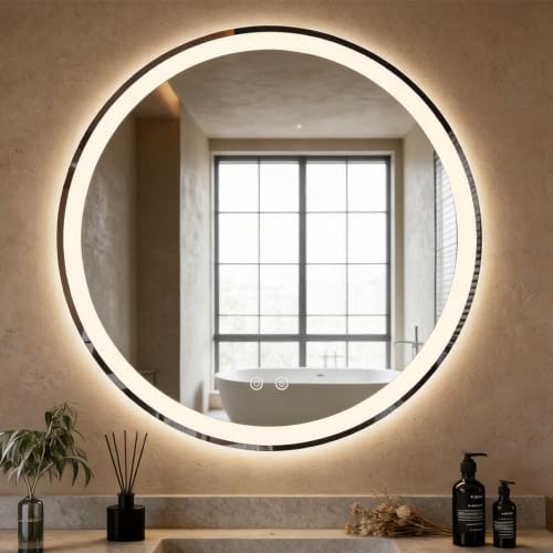 30 Inch LED Bathroom Mirror, Round Wall Mount Vanity Mirror by HAPPYMONTLLC