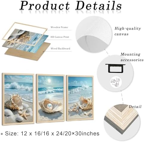 SYWENNOI Triptych Coastal Shell Pearl Framed Canvas Wall Art 20x30 inch x3 - Image 6