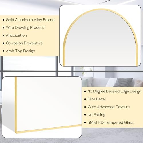 Gold Arched Mirror 30x48in, Metal Framed Bathroom Vanity Wall - Image 5