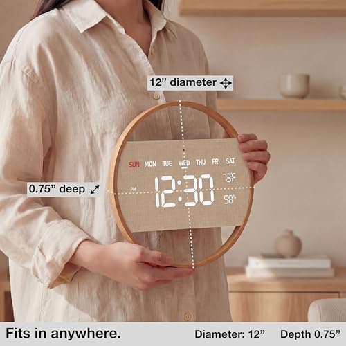 Driini Large Digital Wall Clock -Round Digital Bamboo Wooden Wall Clock - Image 3