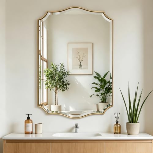 POZINO 40"x24" Premium Brushed Gold Scalloped Beveled Bathroom Mirror by POZINOmirrorforyourownhomelivingspace