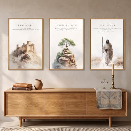 Bible Verse Psalm Shepherd Scene Framed Canvas Wall Art Set-16"x24"x3 - Image 2
