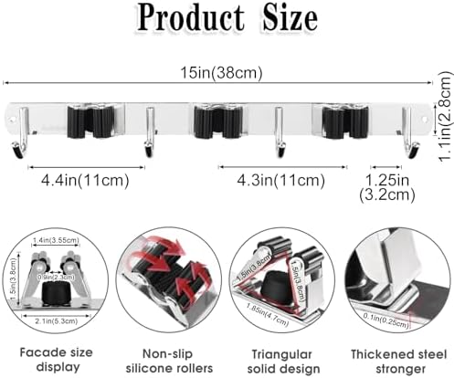 AceMining Broom Holder Wall Mount, 3 Racks 4 Hooks Heavy Duty Mop Organizer - Image 3