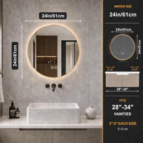 LAIYA 24 Inch Gold Round LED Bathroom Mirror, Anti Fog, 3 Colors - Image 2