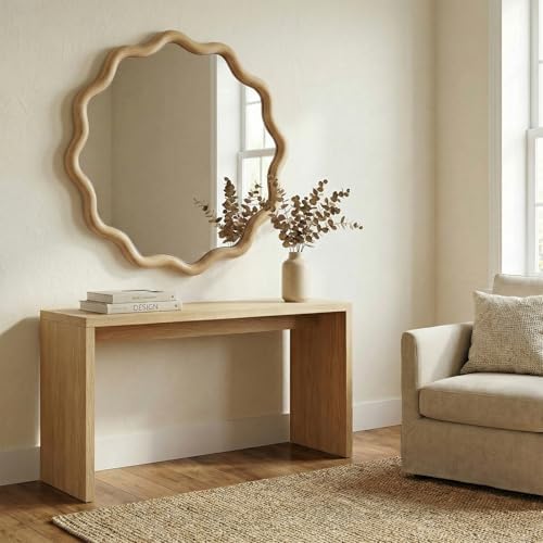 Furnaza 30" Round Wall Mirror, Wooden Boho Wavy Mirror by Furnaza
