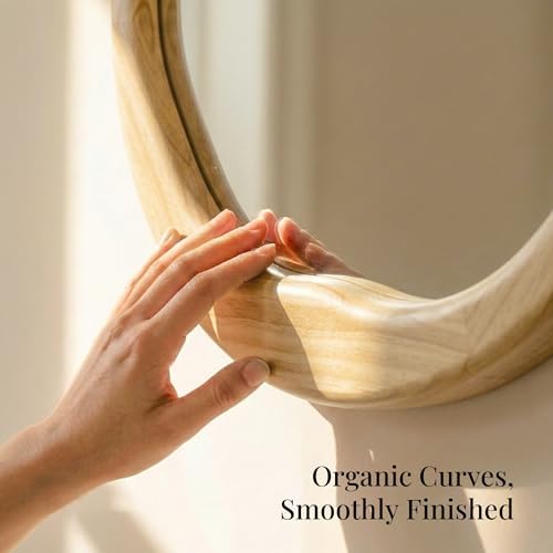 Natural Wood 24 Inch Round Wall Mirror, Asymmetrical Inner Edge - Image 3