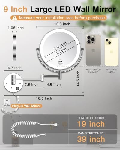 Gospire 9” Wall Mounted Lighted 1X/10X Magnifying Mirror - Image 2