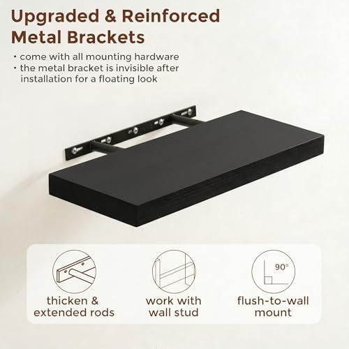 fuqing 20 Inch Floating Shelves, 6.7 Inch Deep Black Wall Shelves Set of 2 - Image 5
