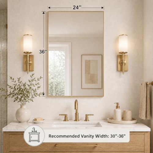 24x36 Satin Gold Framed Rectangle Bathroom Vanity Wall Mirror - Image 2