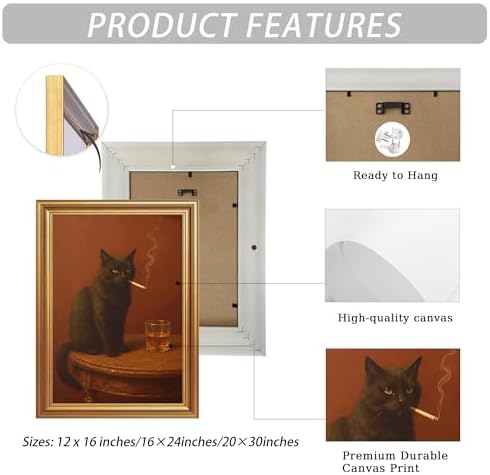 ICHZUMW Gold Framed Funny Black Cat Whiskey Vintage Canvas Wall Art 16x24In - Image 6