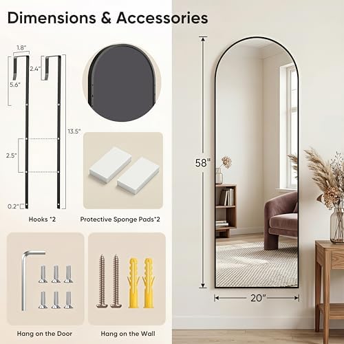 58"x20" Over The Door Mirror, Arched Full Length Mirror - Image 2