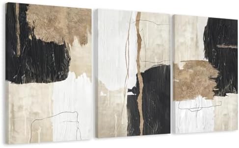 AVECCO Triptych Abstract Black Beige Gold Wrapped Canvas Wall Art 16x24 In by Unknown