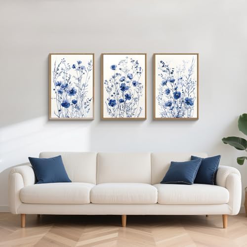 FWIEXA Blue White Wildflower Canvas Wall Art Set of 3, Framed Navy Chinoiserie - Image 6