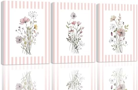 SEHSUVC Trendy Boho Pink Flowers Canvas Wrapped Wall Art Set of 3 16x12in by Unknown