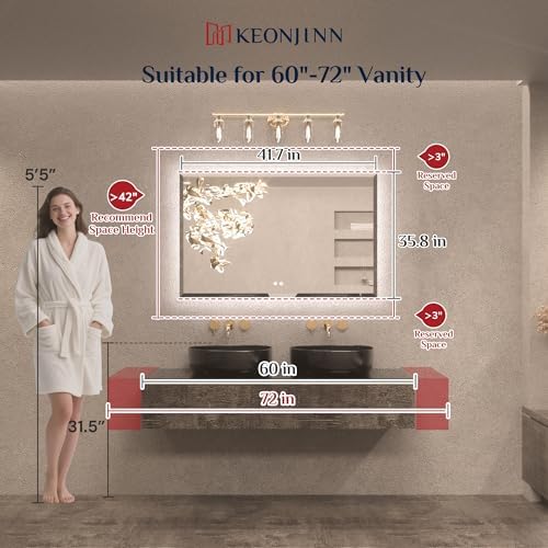 Keonjinn Backlit Mirror Bathroom 48" x 30", Tempered Glass Beveled Edge - Image 6