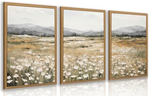 CAZLOUC White Wildflowers Wall Art Set of 3, Neutral Meadow Landscape Wall Decor by Unknown