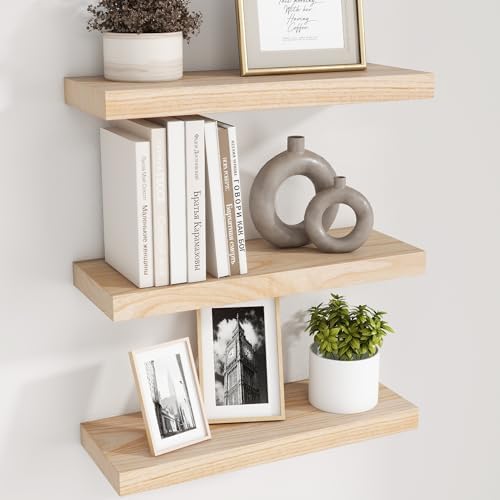 fuqing Natural Wood Floating Shelves, 17 Inch Wooden Wall Shelves Set of 3 by Fuqing