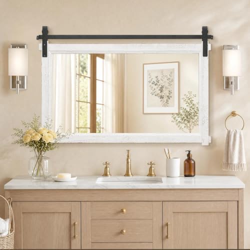 Besdomus Farmhouse Bathroom Vanity Mirror: 42"x28" White Rustic Barn Door by Besdomus