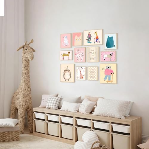 Aroutde 12Pcs Pink Kids Canvas Wall Art, Cartoon Animals Playroom Wall Decor - Image 7