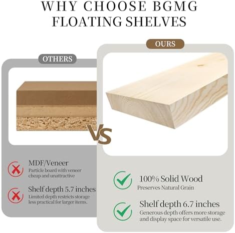 BGMG Wood Floating Shelves for Wall 24 inch Set of 2, Rustic Wooden Wall Mount - Image 3