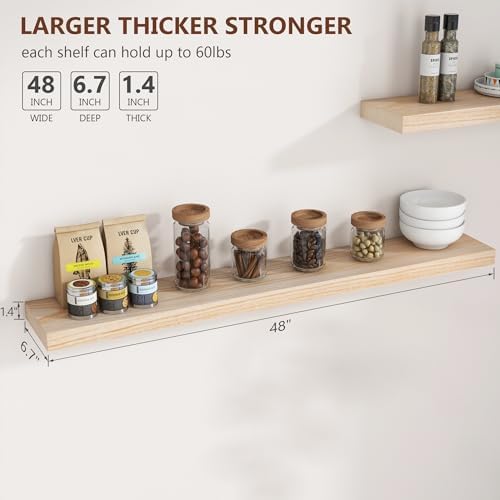 fuqing 48 Inch Floating Shelves 6.7'' Deep Natural Wood Shelves Set of 2 - Image 3