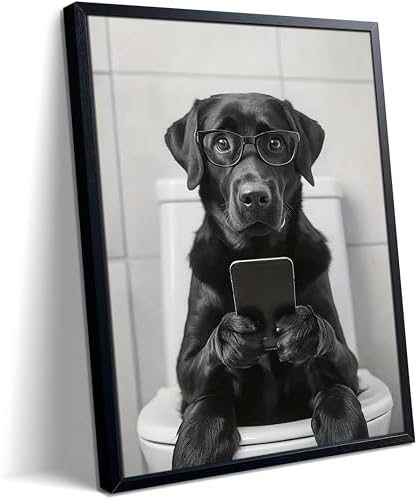 Black and White Bathroom Wall Art, Funny Labrador Dog Canvas Prints Poster by Unknown