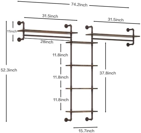 Helsin 5-Tiers 74inch Large Rustic Industrial Pipe Floating Shelving, Wall - Image 2