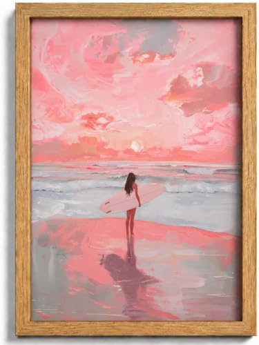 Framed Pink Surfer Girl Canvas Wall Art, Sunset Girly Picture Wall Decor by HJYQLN