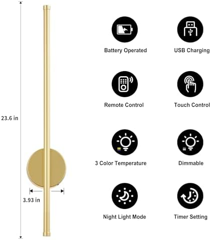 KARTOOSH Battery Operated Modern Wall Sconce Set of Two, 23.6 Inch Gold - Image 3