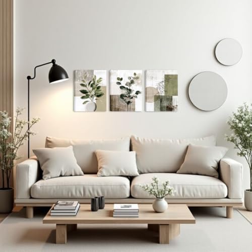Boho Abstract Eucalyptus leaves Canvas Wrapped Wall Art Set of 3 24x16in - Image 2
