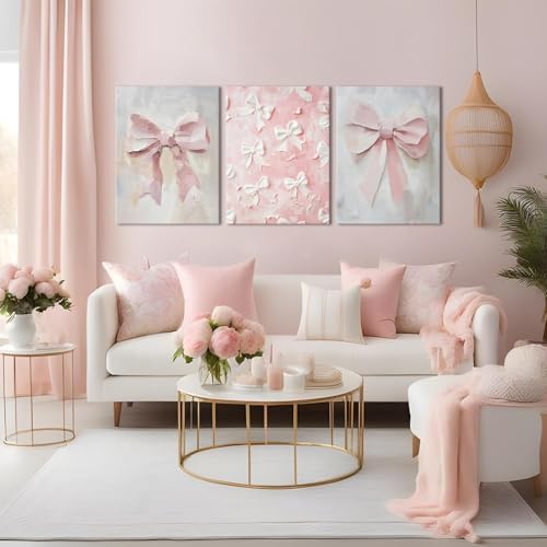 Pink Bow Canvas Wall Art Set of 3 Coquette Oil Painting Cute Bow Posters Wall - Image 2