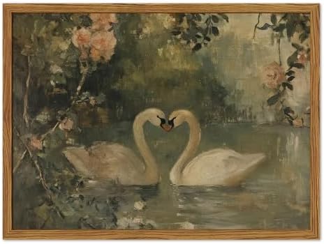 Framed Vintage Swan wall art, Rustic Romantic White Swan Pictures Wall Decor by Unknown