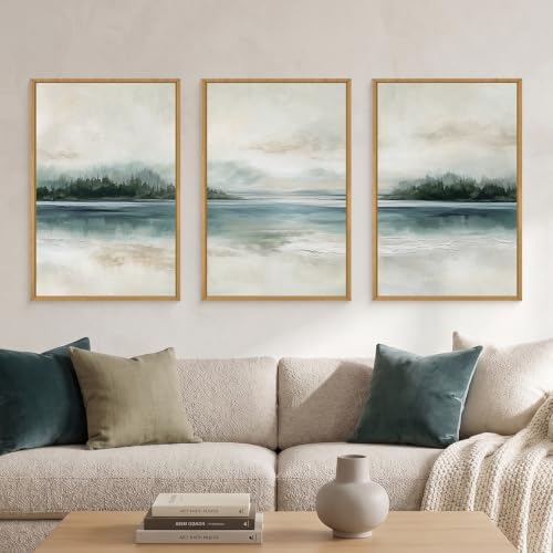 HOURIA Abstract Sage Green Beige Landscape Framed Canvas Wall Art Set, - Image 2