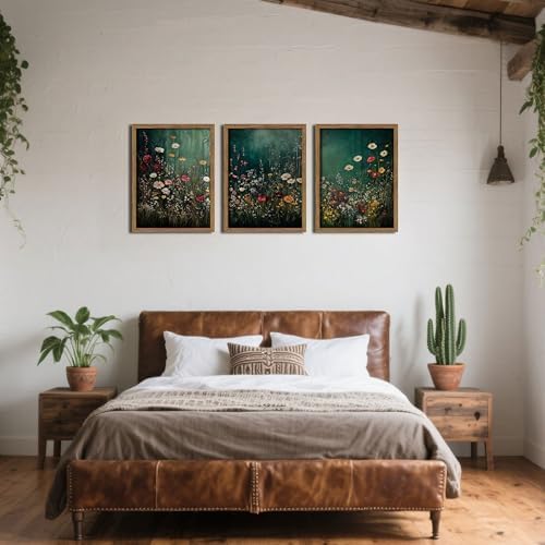 Vintage Wildflower Wall Art Set of 3, Moody Dark Green Flower Botanical Wall - Image 5