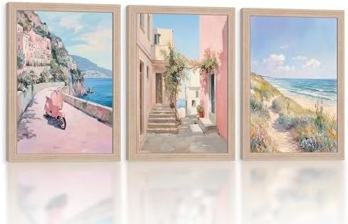 Pink Coastal Landscape Canvas Wall Art 3Pcs Framed Home Decor 24X16 Inch by Unknown