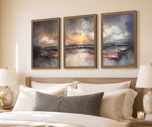 Framed Moody Coastal Sunset Ocean Landscape Canvas Wall Art Set of 3 - Image 3