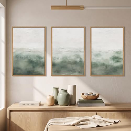 Large Abstract Grey Green Framed Canvas Wall Art, Watercolor Neutral White Wall - Image 2