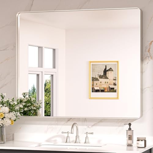 Keonjinn 42 x 36 Inch Brushed Nickel Bathroom Vanity Mirror, Tempered Glass by Keonjinn
