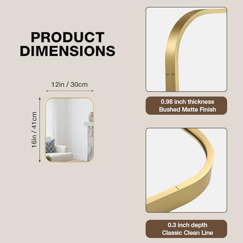 12"x16" Bathroom Mirror for Over Sink, Brushed Gold Rectangle Vanity Mirror - Image 4