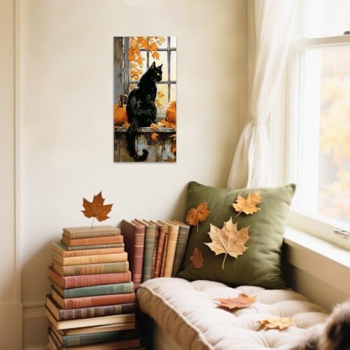 SWQYLB Autumn Pictures Wall Art Black Cat Fall Decor Halloween Animal Canvas - Image 4