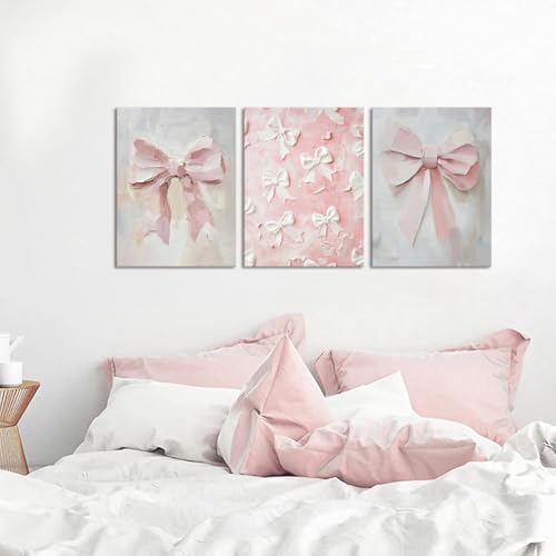 Pink Bow Canvas Wall Art Set of 3 Coquette Oil Painting Cute Bow Posters Wall - Image 3