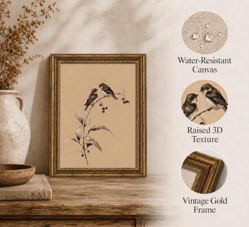 Gold Framed 3D Textured Wall Art, Vintage Sketch Birds on Branch Canvas Prints - Image 2