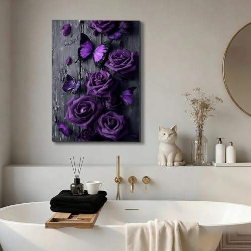 ZERILYN Ship Next Day Purple Rose Wall Art Canvas Prints Butterfly Canvas Art - Image 4