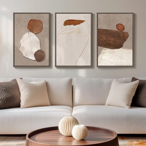 Framed Modern Rustic Neutral Abstract Wall Art, 3 Piece Set, Each 16x24 In by Cuspin
