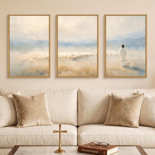 HOURIA Christian Jesus The Good Shepherd Framed Canvas Wall Art Set, Religious - Image 2