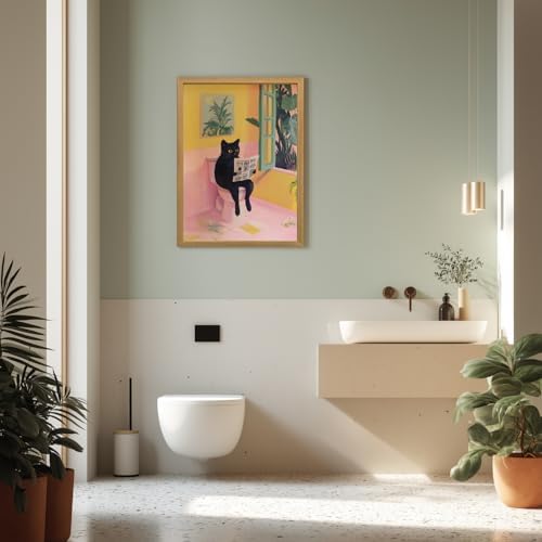 Cyebmo Funny Bathroom Wall Art, Cute Black Cat Sitting on Toilet Reading - Image 3