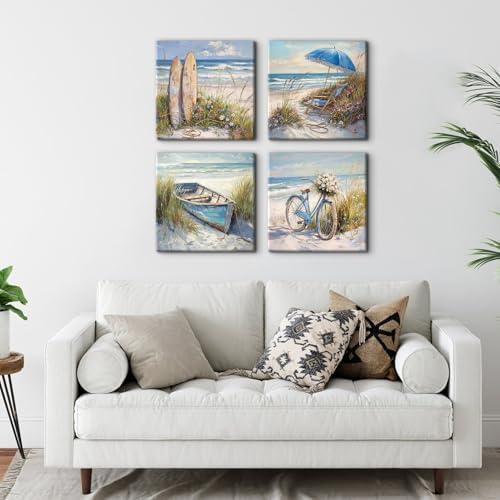 Beach Bathroom Wall Art Decor Rustic Coastal Landscape Bike Boat Surfboard - Image 5