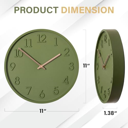 Clockswise 11" Modern Minimalist Round Wall Clock Green Arabic Numerals and - Image 3