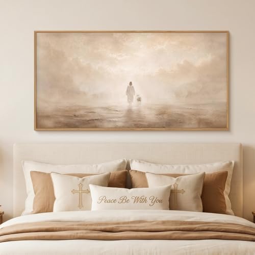 Christian Jesus and Lost Lamb Framed Canvas Wall Art-40"x20"x1 - Image 5